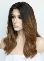 22" Long Wavy Brown With Dark Roots Lace Front Natural Hair Wig HHA015