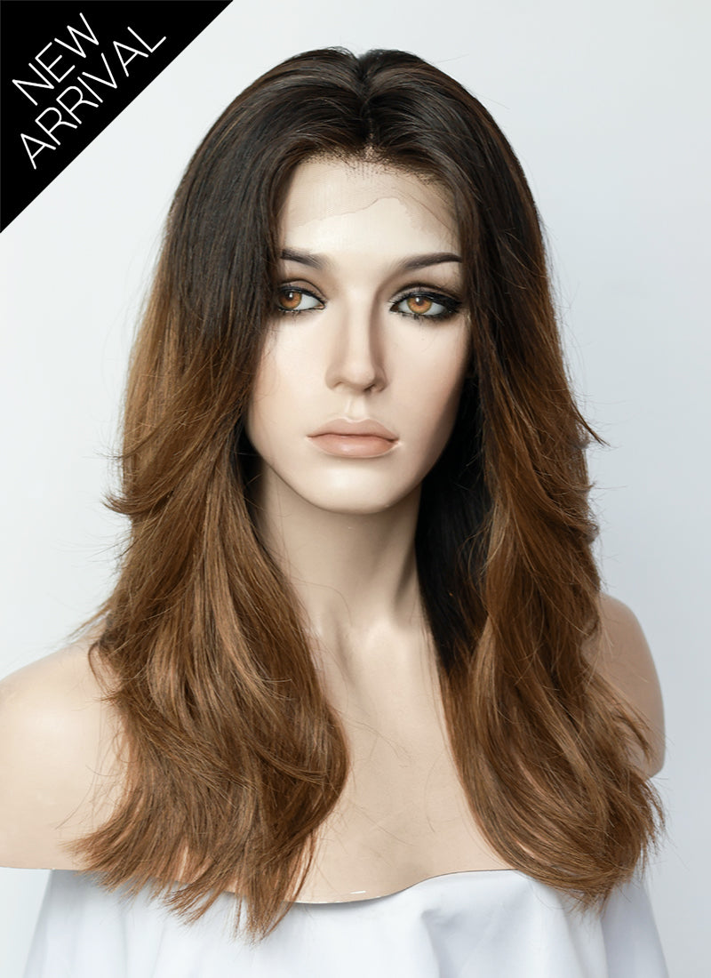 22" Long Wavy Brown With Dark Roots Lace Front Natural Hair Wig HHA015