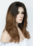 22" Long Wavy Brown With Dark Roots Lace Front Natural Hair Wig HHA015
