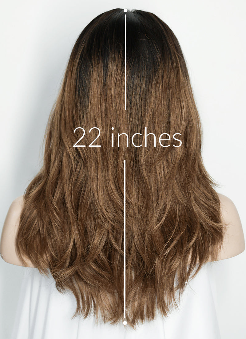 22" Long Wavy Brown With Dark Roots Lace Front Natural Hair Wig HHA015