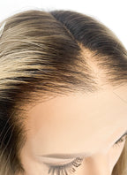 36" Extra Long Straight Mixed Blonde With Dark Roots Balayage Lace Front Remy Natural Hair Wig HHW004