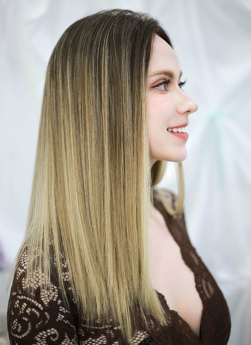18" Long Straight Balayage Blonde Ombre Lace Front With Silk Top Remy Natural Hair Wig HHW008
