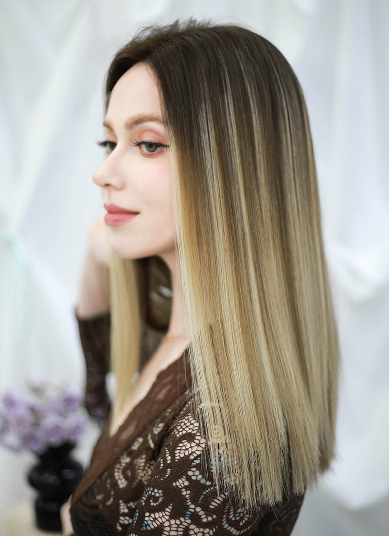18" Long Straight Balayage Blonde Ombre Lace Front With Silk Top Remy Natural Hair Wig HHW008