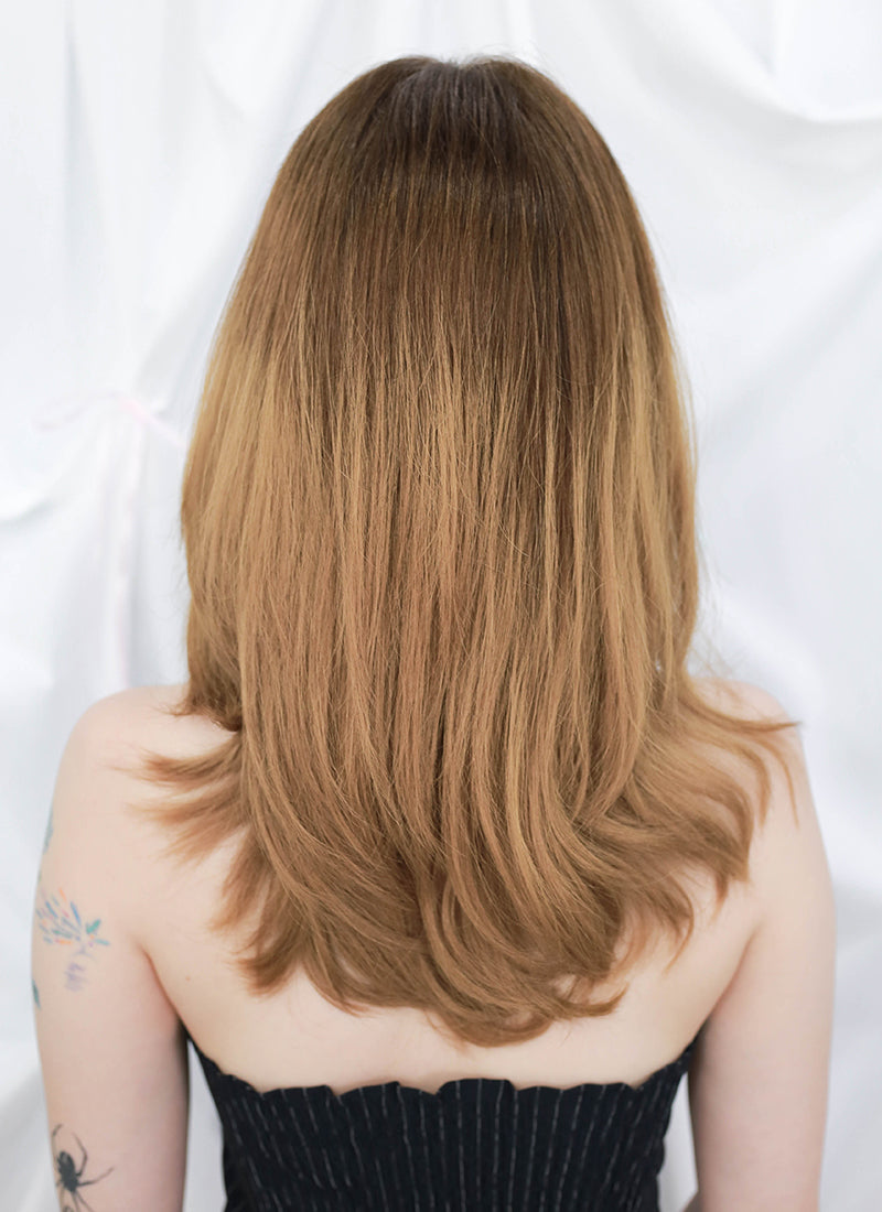 18" Long Straight With Bangs Two Tone Brown Lace Front Remy Natural Hair Wig HHW016