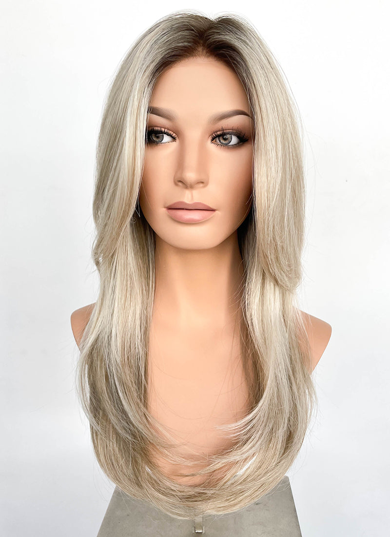 Blonde With Dark Roots Straight Mono Top Lace Synthetic Wig MN001