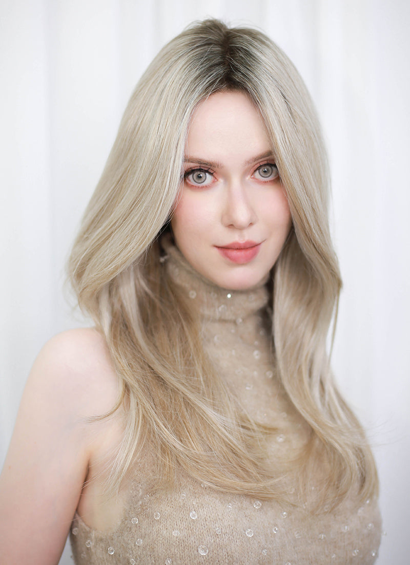 Blonde With Dark Roots Straight Mono Top Lace Synthetic Wig MN001
