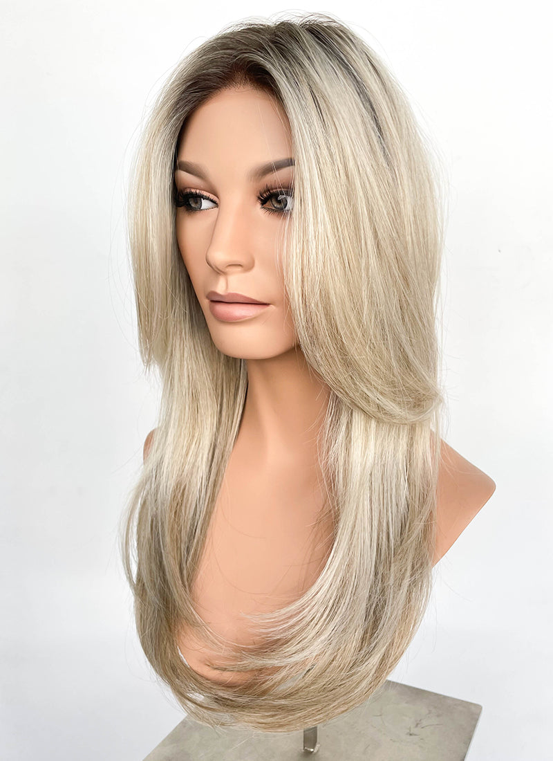 Blonde With Dark Roots Straight Mono Top Lace Synthetic Wig MN001