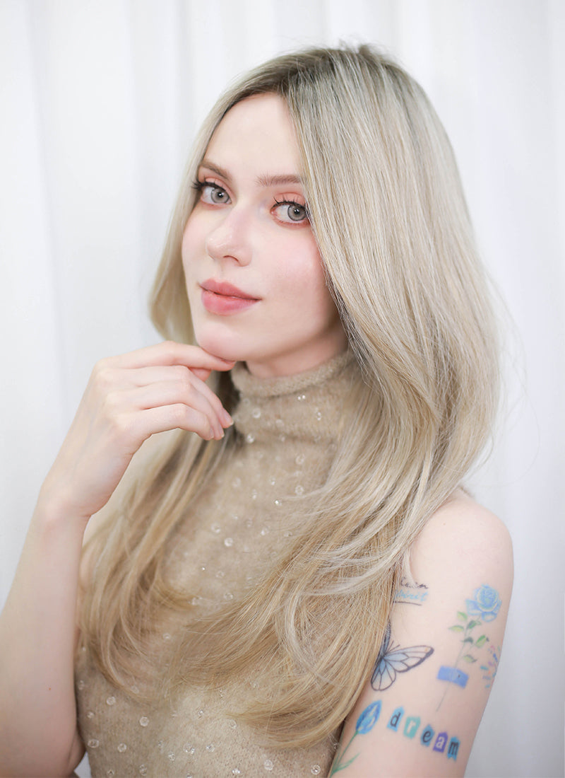 Blonde With Dark Roots Straight Mono Top Lace Synthetic Wig MN001