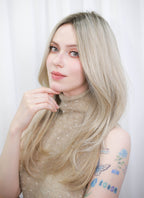 Blonde With Dark Roots Straight Mono Top Lace Synthetic Wig MN001