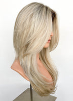 Blonde With Dark Roots Straight Mono Top Lace Synthetic Wig MN001