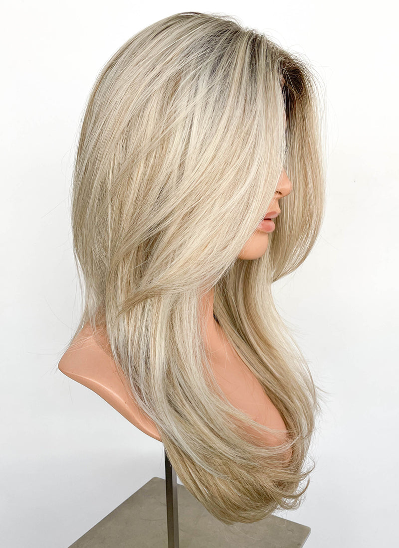 Blonde With Dark Roots Straight Mono Top Lace Synthetic Wig MN001