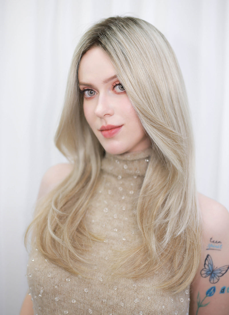 Blonde With Dark Roots Straight Mono Top Lace Synthetic Wig MN001