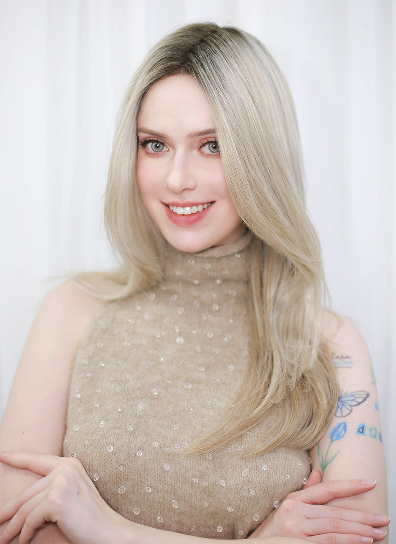 Blonde With Dark Roots Straight Mono Top Lace Synthetic Wig MN001