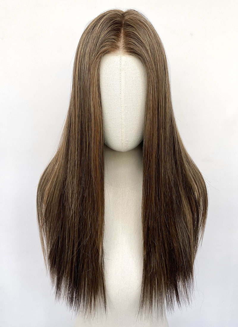 Brown Mixed Blonde Straight Mono Top Lace Synthetic Wig MN008