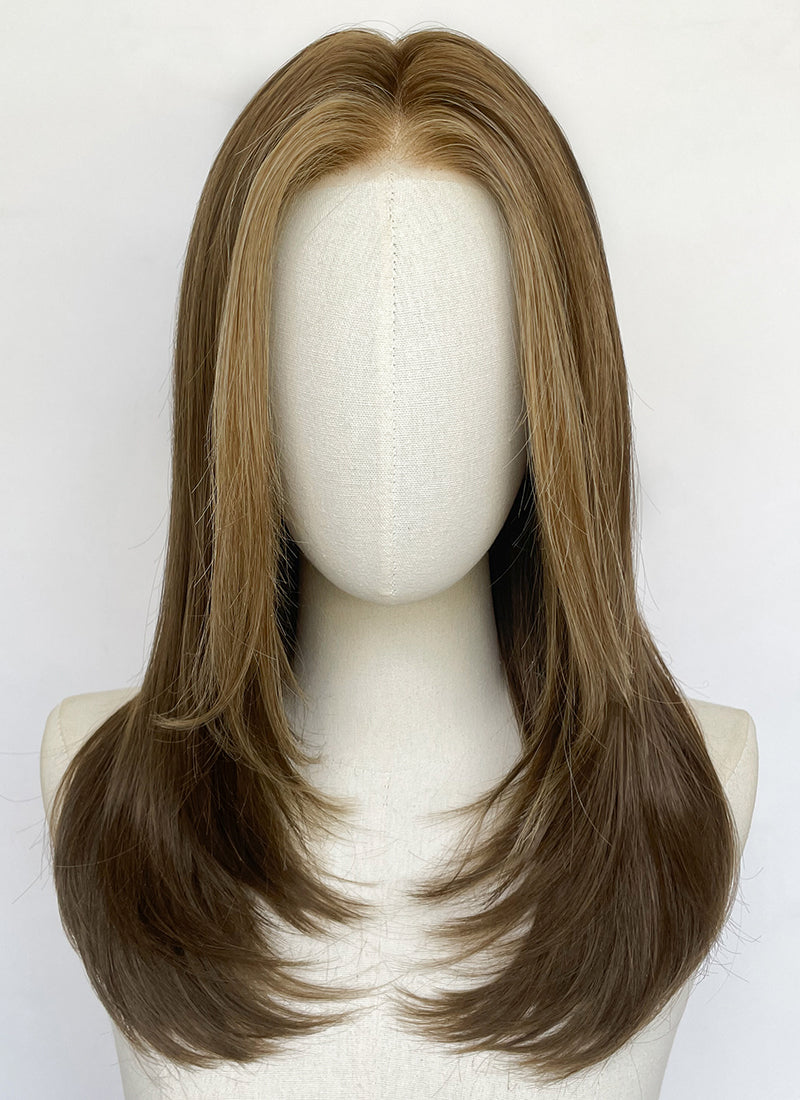 Brown With Blonde Money Piece Straight Mono Top Kanekalon Lace Wig MN026