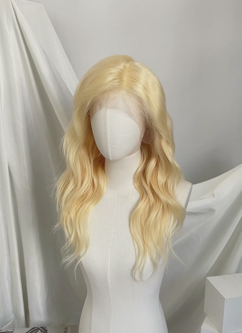 20" Long Curly Bleach Blonde Lace Front Remy Natural Hair Wig HH049