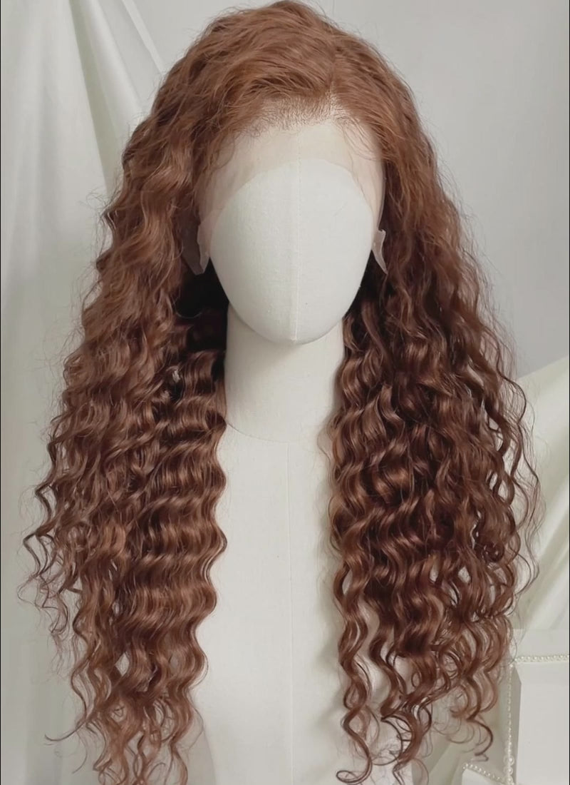 20" Long Curly Brown Lace Front Remy Natural Hair Wig HH202