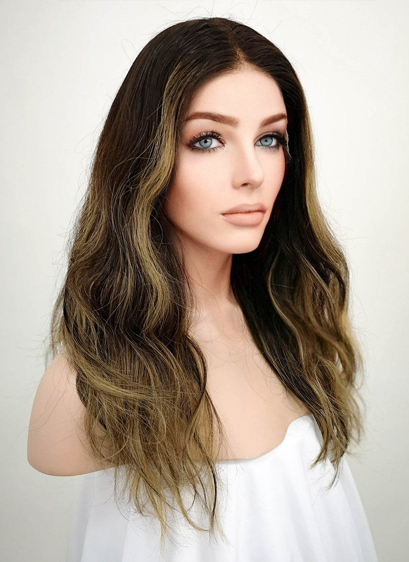 16" Long Wavy Blonde Mixed Brown Lace Front Remy Natural Hair Wig HG003