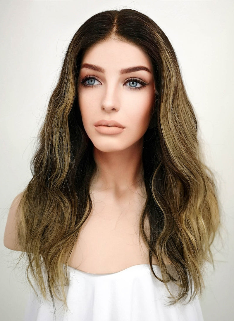 16" Long Wavy Blonde Mixed Brown Lace Front Remy Natural Hair Wig HG003