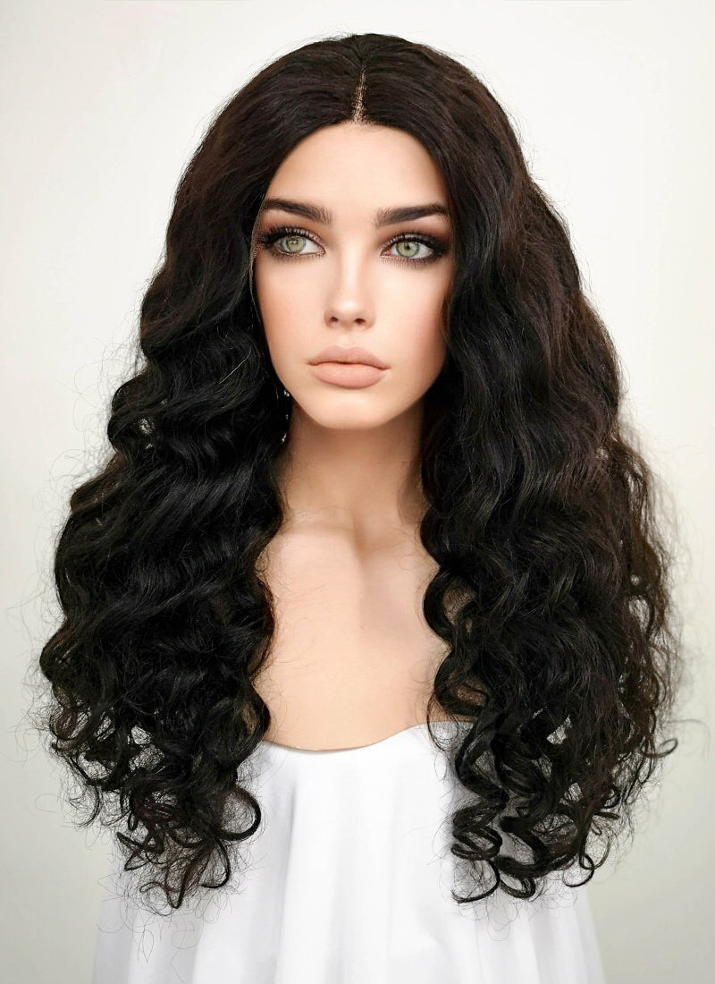 20" Long Curly Off Black Lace Front Remy Natural Hair Wig HH043