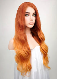 24" Long Wavy Two Tone Orange Lace Front Remy Natural Hair Wig HH096