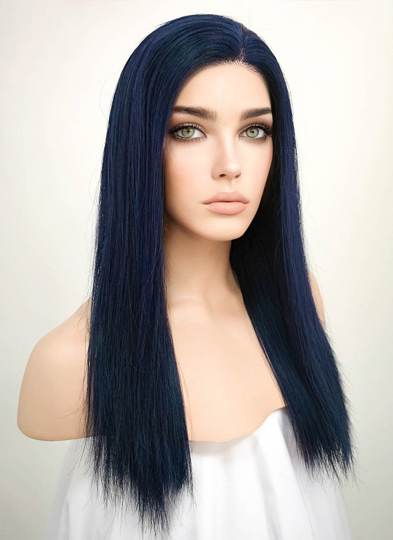 14" Long Straight Dark Blue Lace Front Remy Natural Hair Wig HH135