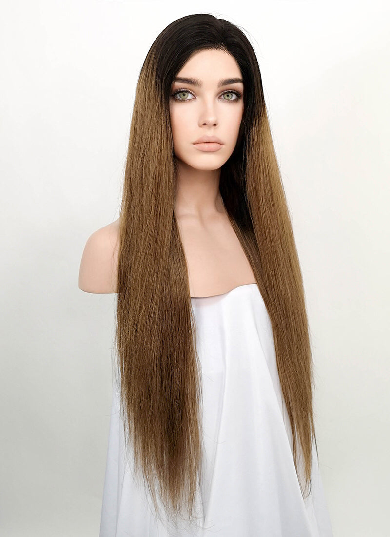 24" Long Straight Chestnut Brown With Dark Roots Lace Front Remy Natural Hair Wig HH136