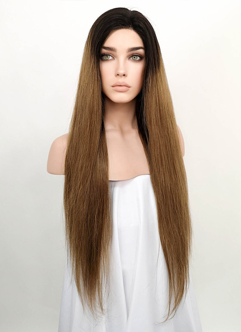 24" Long Straight Chestnut Brown With Dark Roots Lace Front Remy Natural Hair Wig HH136