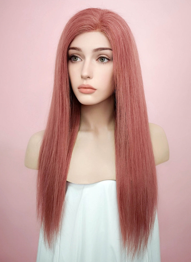 22" Long Straight Pink Lace Front Remy Natural Hair Wig HH138