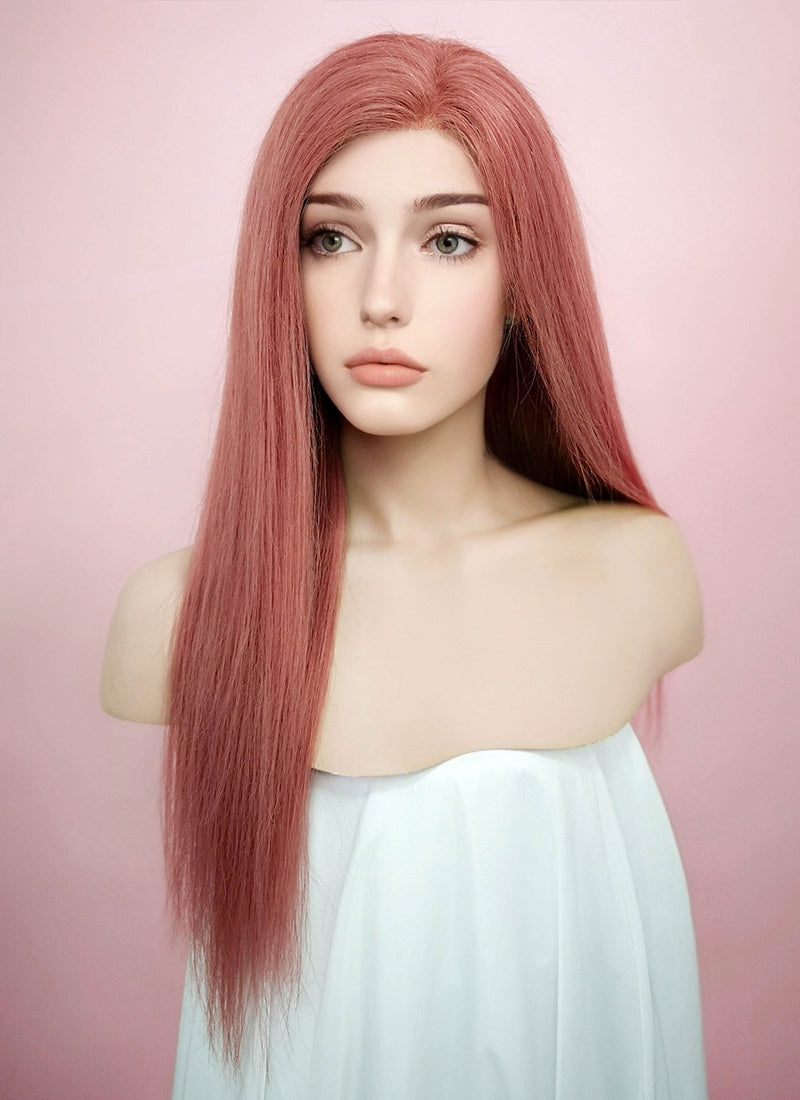 22" Long Straight Pink Lace Front Remy Natural Hair Wig HH138