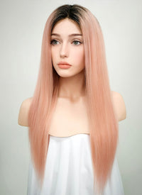 18" Long Straight Light Pink With Dark Roots Lace Front Remy Natural Hair Wig HH144