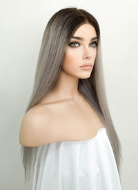 18" Long Straight Grey With Brown Roots Lace Front Remy Natural Hair Wig HH175