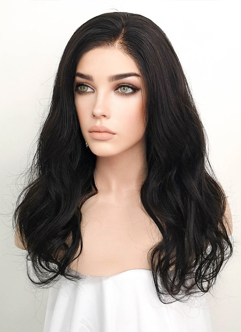 16" Medium Wavy Black Lace Front Remy Natural Hair Wig HH176