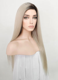 24" Long Straight Blonde With Dark Brown Roots Lace Front Remy Natural Hair Wig HH194