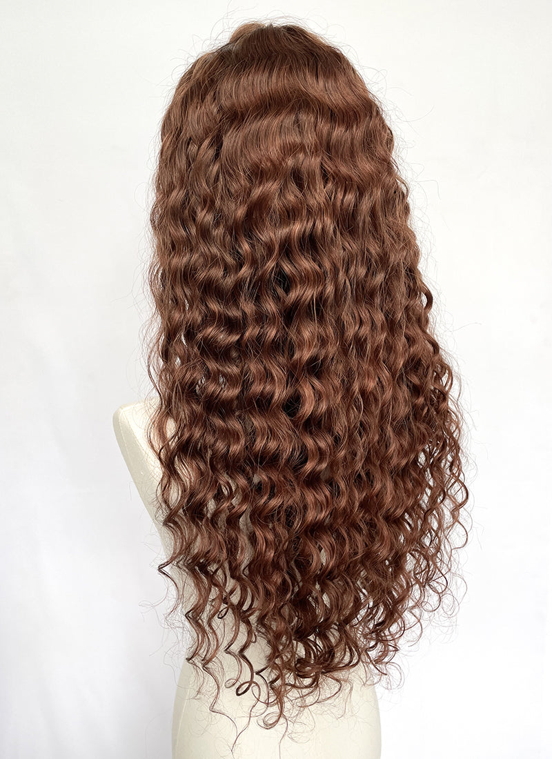 20" Long Curly Brown Lace Front Remy Natural Hair Wig HH202