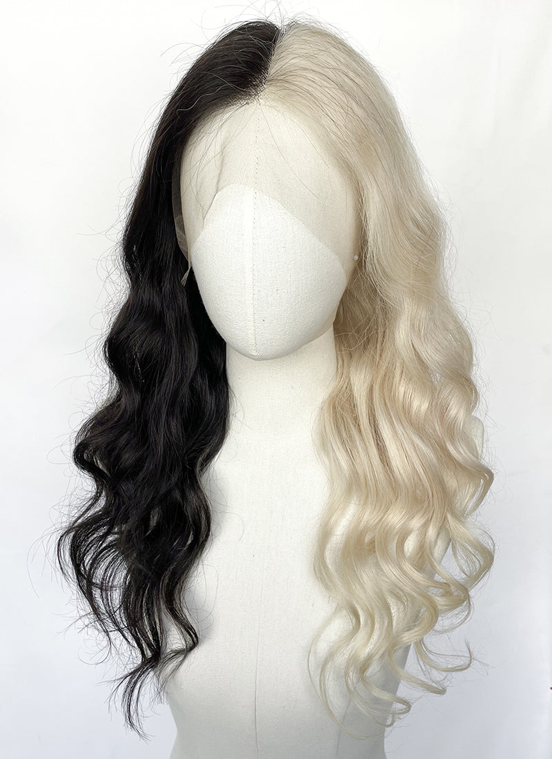 18" Long Wavy Blonde Black Split Gemini Color Lace Front Remy Natural Hair Wig HH203