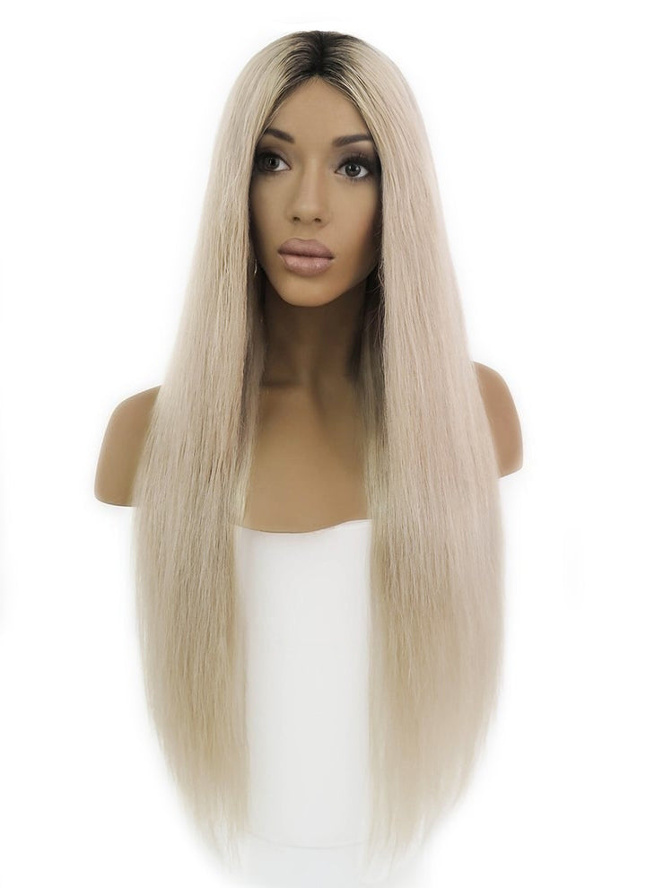 26" Long Straight Blonde With Black Roots Lace Front Remy Natural Hair Wig HH040