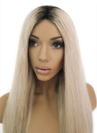 26" Long Straight Blonde With Black Roots Lace Front Remy Natural Hair Wig HH040