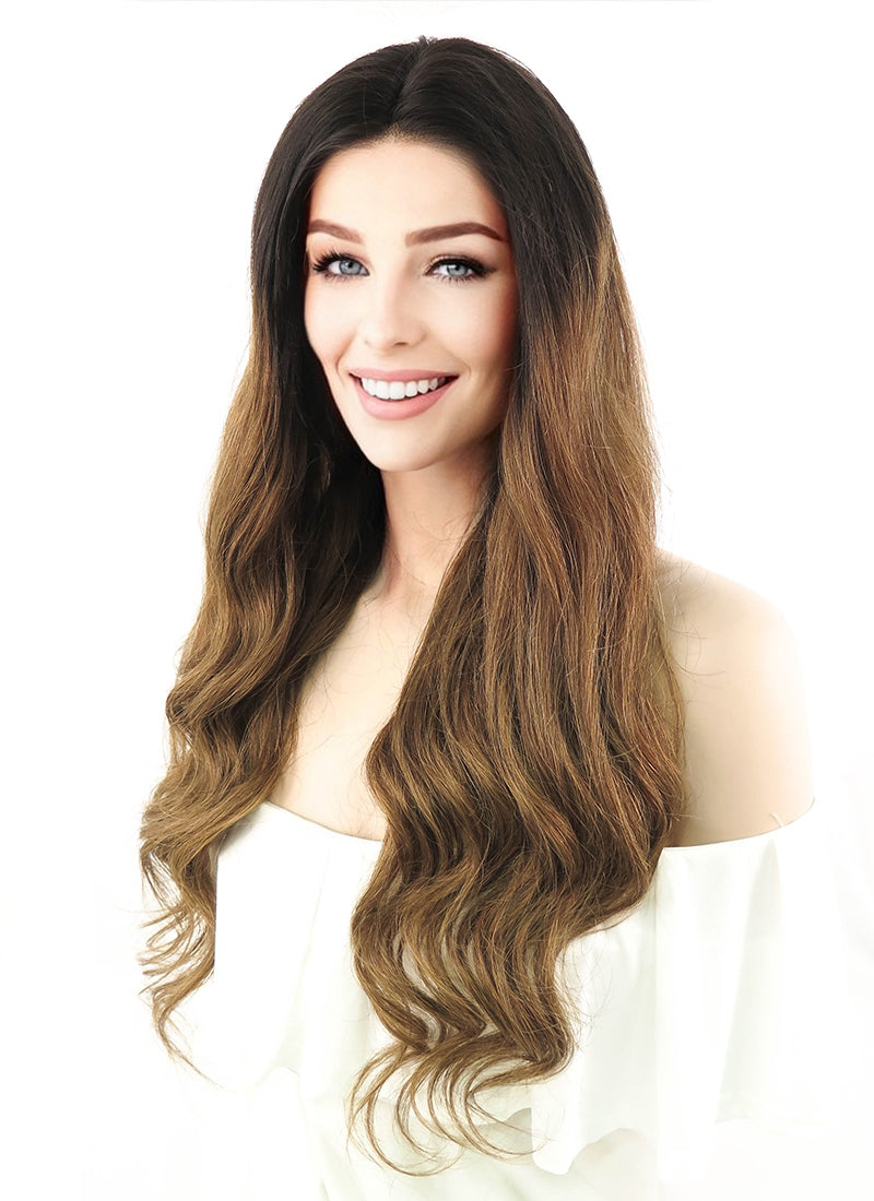 24" Long Curly Brown With Dark Roots Lace Front Remy Natural Hair Wig HH066