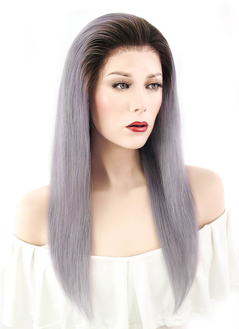 16" Long Straight Purple Grey With Brown Roots Full Lace Remy Natural Hair Wig HH070 - wifhair