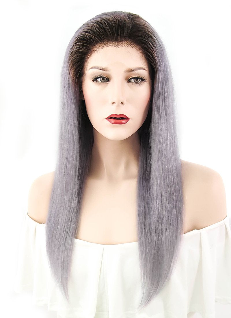 16" Long Straight Purple Grey With Brown Roots Full Lace Remy Natural Hair Wig HH070 - wifhair