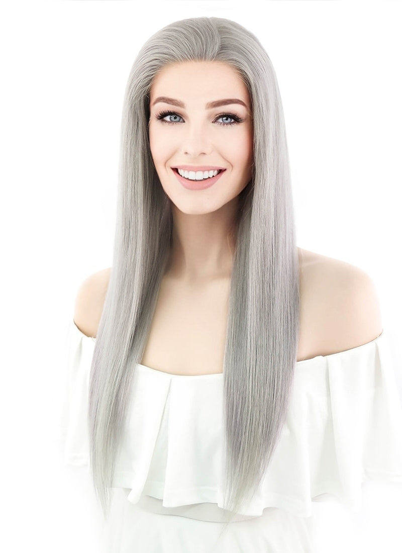 20" Long Straight Silver Grey Lace Front Remy Natural Hair Wig HH077