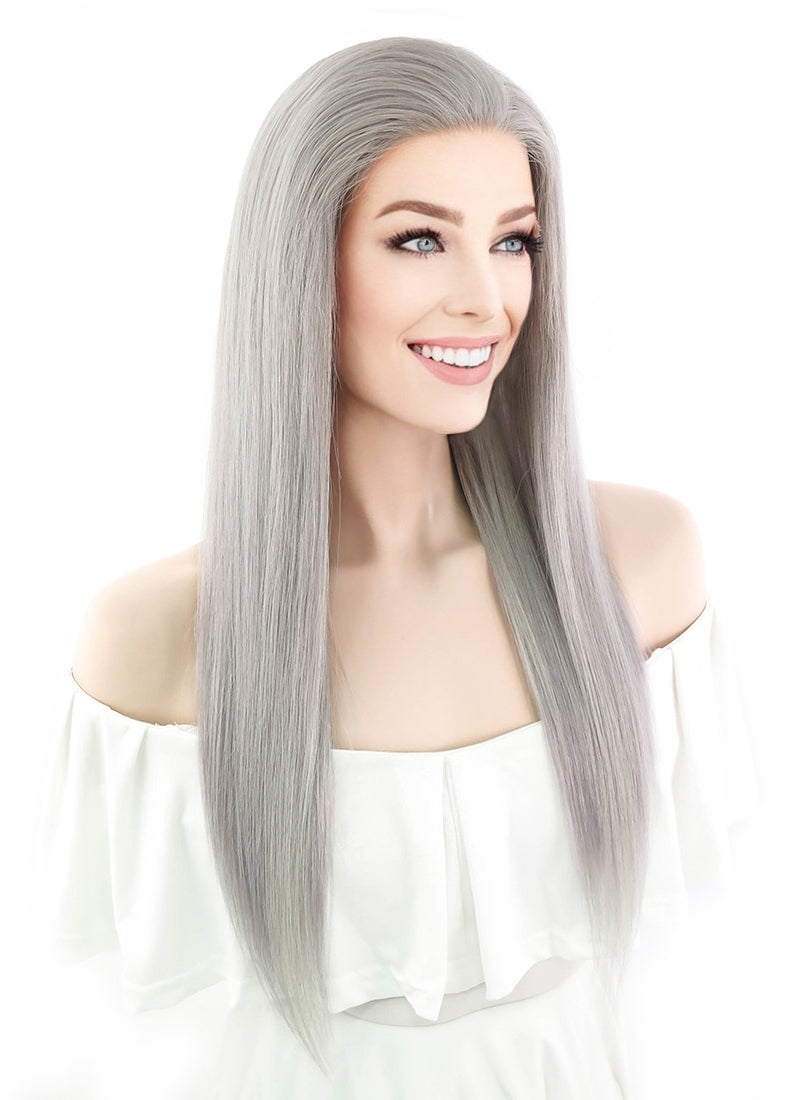 20" Long Straight Silver Grey Lace Front Remy Natural Hair Wig HH077