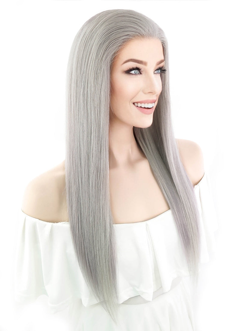 20" Long Straight Silver Grey Lace Front Remy Natural Hair Wig HH077