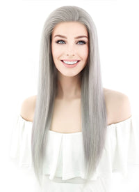 20" Long Straight Silver Grey Lace Front Remy Natural Hair Wig HH077