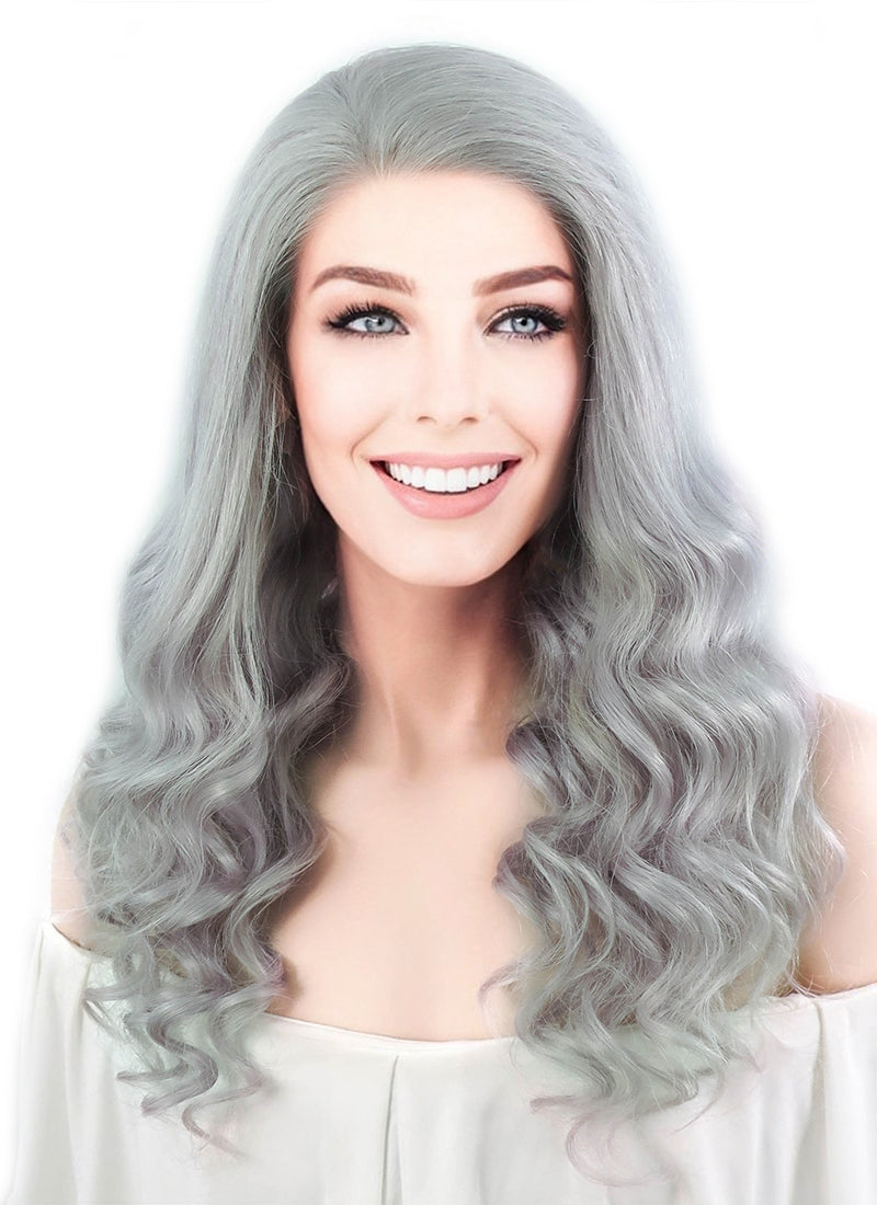 16" Long Curly Light Grey Lace Front Remy Natural Hair Wig HH132