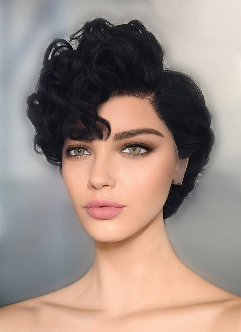 8" Short Curly Off Black Pixie Lace Front Remy Natural Hair Wig HP012